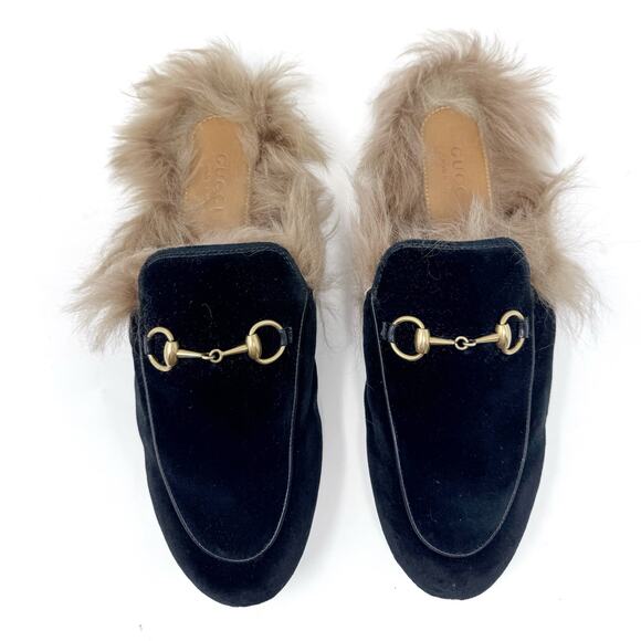 GUCCI Black Velevt Fur Lined Princetown Loafers Mules Horsebit Size EU 37 US 7 - Picture 3 of 11